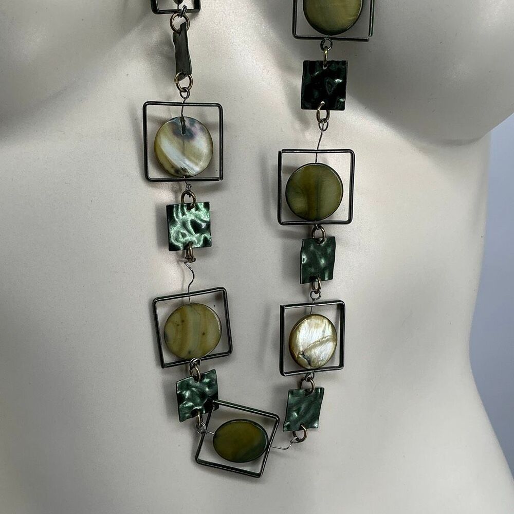 Vintage 40” Green Geometric Statement Necklace‎ Long Opera Length Modernist Boho